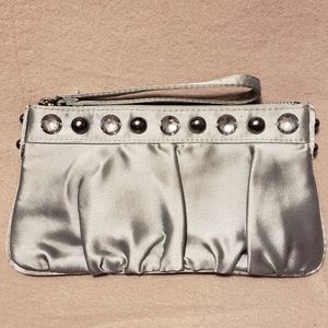 Express Satin Bejeweled Silver/Gray Clutch Wristlet, Measures 8" by 4.5", GUC